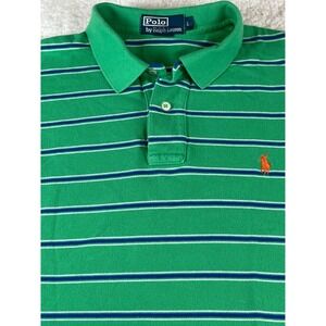 Polo Ralph Lauren Mens Large Green Striped Pique Polo Shirt Orange Pony Logo